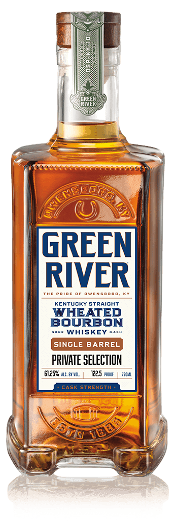 Green River Single Barrel Wheated Bourbon Whiskey bottle with amber liquid